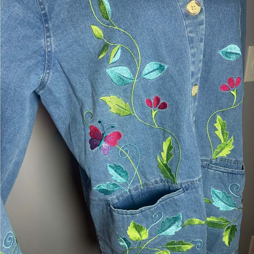 Denim & Co Embroidered Denim Jacket Butterfly Floral Boho L XL - Picture 9 of 12
